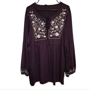 Bloomchic Purple Silver Floral Embroidered Long Sleeve Peasant Top, Plus 18/20